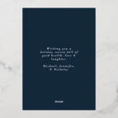 フェスティバルネイビーとシルバーの雪片の写真 箔シーズンカード (裏面)