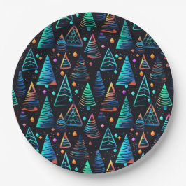 フェスティバルネオンブラックブルークリスマスツリーパターン ペーパープレート