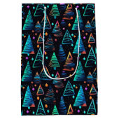 フェスティバルネオンブラックブルークリスマスツリーパターン ミディアムペーパーバッグ (裏面)