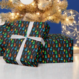 フェスティバルネオンブラックブルークリスマスツリーパターン ラッピングペーパー