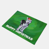 フェスティバルハスキーインサンタハットオングリーン ドアマット (アングル)