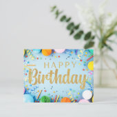 フェスティバルハッピーバースデーオン淡い色のブルーポストカード ポストカード (スタンド正面)