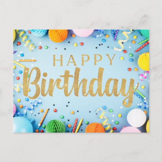 フェスティバルハッピーバースデーオン淡い色のブルーポストカード ポストカード (正面)
