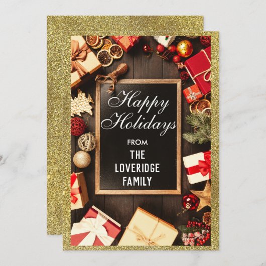 フェスティバルハッピーホリデイズクリスマスパーティー金ゴールドグリッター シーズンカード (正面/裏面)