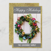 フェスティバルハッピーホリデイズリースグレイ&金ゴールドグリッター シーズンカード (正面/裏面)