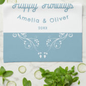 フェスティバルハッピーホリデーズリーフブルーカップル写真 キッチンタオル (折り畳み)