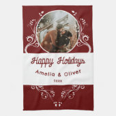 フェスティバルハッピーホリデーズリーフ赤カップル写真 キッチンタオル (縦)