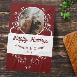 フェスティバルハッピーホリデーズリーフ赤カップル写真 キッチンタオル