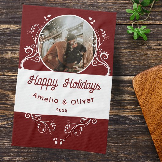 フェスティバルハッピーホリデーズリーフ赤カップル写真 キッチンタオル