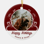 フェスティバルハッピーホリデーズリーフ赤カップル写真 セラミックオーナメント (正面)