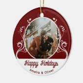 フェスティバルハッピーホリデーズリーフ赤カップル写真 セラミックオーナメント (左)