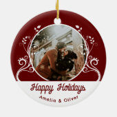 フェスティバルハッピーホリデーズリーフ赤カップル写真 セラミックオーナメント (裏面)