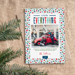 フェスティバルハッピーEverything 4 Photo シーズンカード<br><div class="desc">カスタムモダンはカスタマイズ用のDIYテンプレートを付けシンプルたクリスマスフォトカードを印刷。このフェスティバルデザインは、カラフルタイポグラフィと青、赤、緑、アクア色の可愛い抽象芸術ドットの背景を特徴とする。家族の写真、個人的なあいさつ、名前、年を追加する。デザインツールを使用してフォントと色を編集する。裏面には宇宙を追加する写真と文字。</div>