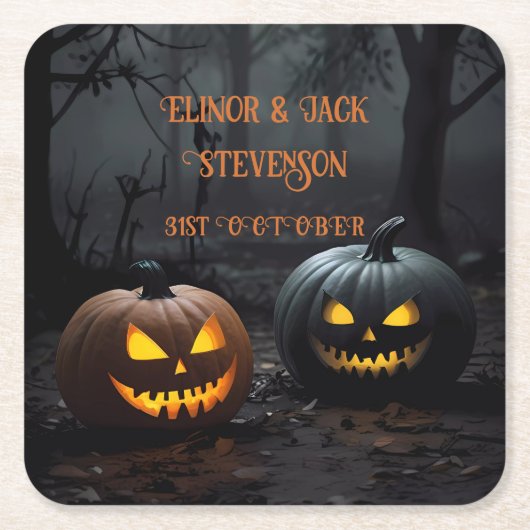 フェスティバルハロウィンカボチャとフローラルパターン スクエアペーパーコースター (正面)