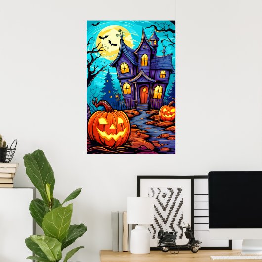 フェスティバルハロウィン幽霊のよく出るハウスイラストレーション ポスター (ホームオフィス)
