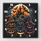 フェスティバルハロウィン白熱［赤熱］光を放つカボチャ スクエア壁時計 (正面)