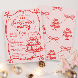 フェスティバルハンドドロッドレッド&ピンクボウクリスマスパーティー 招待状