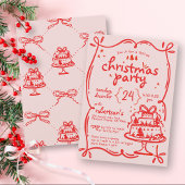 フェスティバルハンドドロッドレッド&ピンクボウクリスマスパーティー 招待状