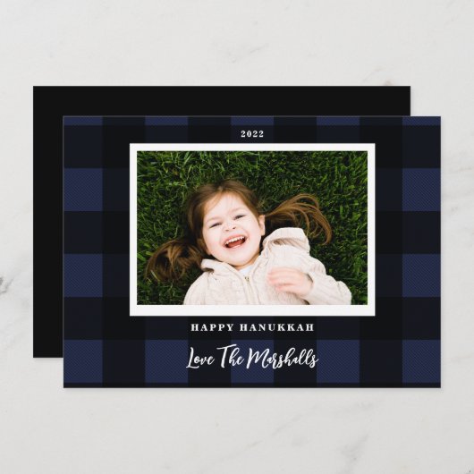 フェスティバルバッファロープレイドネイビーHanukkahホリデーフォト シーズンカード (正面/裏面)