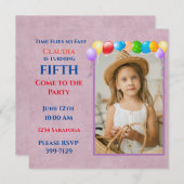 フェスティバルバルーン写真ピンク誕生日パーティー 招待状 (正面/裏面)