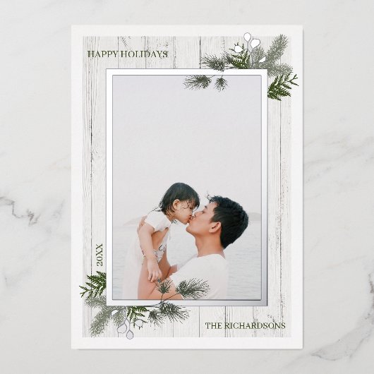 フェスティバルパイン素朴と白い木製のシープラップ写真 箔シーズンカード (正面)