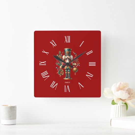 フェスティバルパーソナライズされたクリスマスくるみ割り スクエア壁時計 (ホーム)