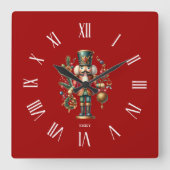 フェスティバルパーソナライズされたクリスマスくるみ割り スクエア壁時計 (正面)