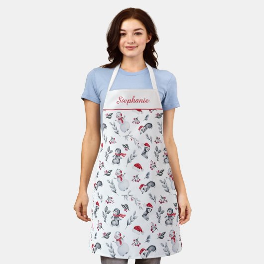 フェスティバルパーソナライズされたクリスマスペンギン水彩画 エプロン (着用した状態)
