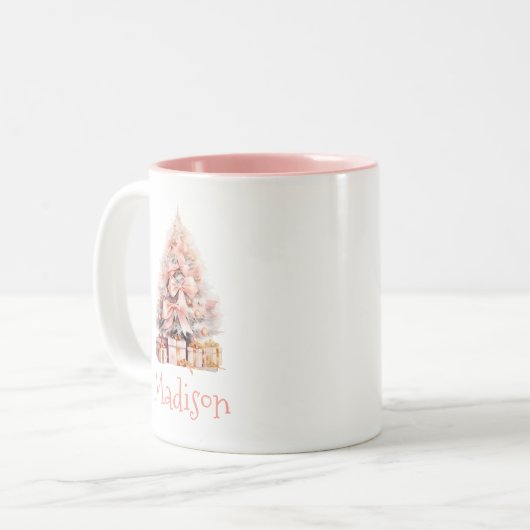 フェスティバルパーソナライズされたピンククリスマスツリー ツートーンマグカップ (正面左)