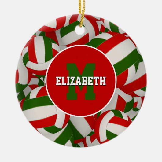 フェスティバルパーソナライズされた赤白緑バレーボール セラミックオーナメント (正面)