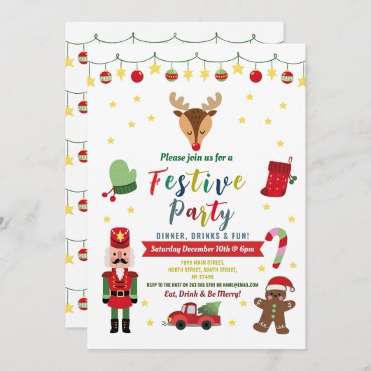 フェスティバルパーティークリスマスファミリーおもしろいディナー 招待状 (正面/裏面)