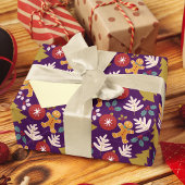 フェスティバルパープルクリスマスツリージンジャーブレッドマン ラッピングペーパー