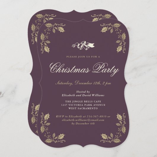フェスティバルパープル金ゴールドクリスマスホリデーパーティー 招待状 (正面/裏面)