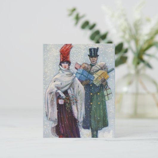 フェスティバルビンテージクリスマスカップル休日 ポストカード (スタンド正面)