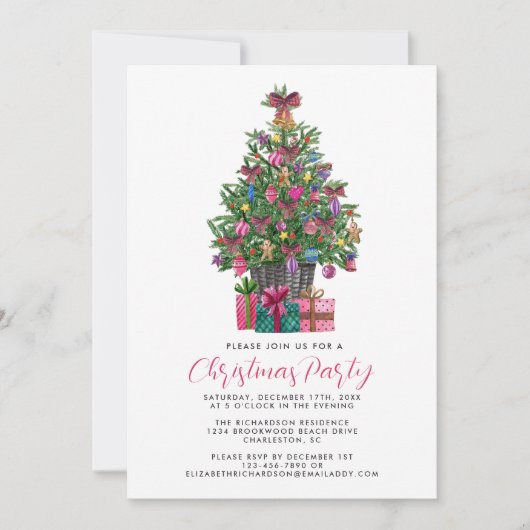 フェスティバルピンクお洒落クリスマスツリーパーティーピンク 招待状 (正面)