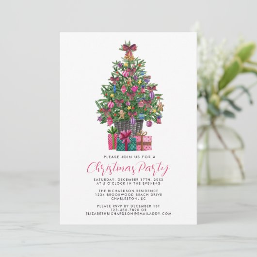 フェスティバルピンクお洒落クリスマスツリーパーティーピンク 招待状 (スタンド正面)