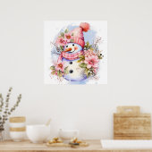 フェスティバルピンクのクリスマススノーウーマン ポスター (キッチン)