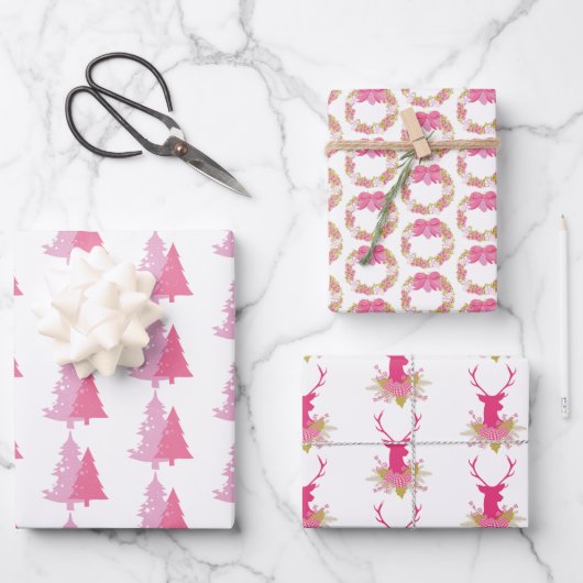 フェスティバルピンクのクリスマスタイル模様 ラッピングペーパーシート (正面)