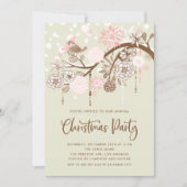 フェスティバルピンクの鳥と花クリスマスパーティー 招待状 (正面)