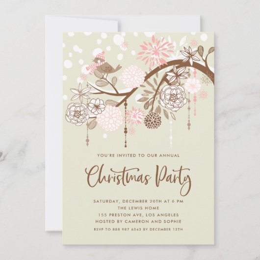 フェスティバルピンクの鳥と花クリスマスパーティー 招待状 (正面)