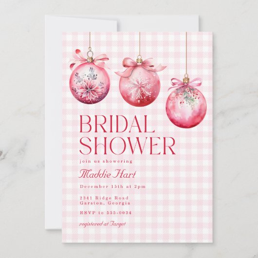 フェスティバルピンククリスマスオーナメントブライダルシャワー 招待状 (正面)