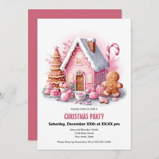フェスティバルピンクジンジャーブレッドハウスクリスマスパーティー シーズンカード (正面/裏面)