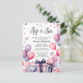 フェスティバルピンクブルーバルーンウェルカムベビーSIPと参照 インビテーションポストカード (スタンド正面)