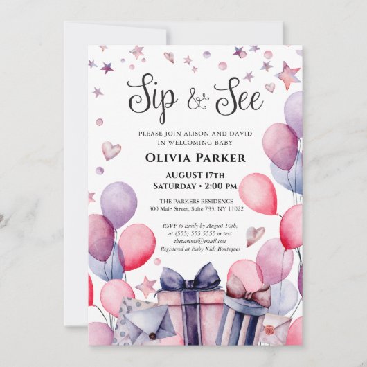 フェスティバルピンクブルーバルーンウェルカムベビーSIPと参照 招待状 (正面)