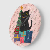フェスティバルピンクメリークリスマスキュートブラックキャットコーヒー ラージ壁時計 (傾斜)
