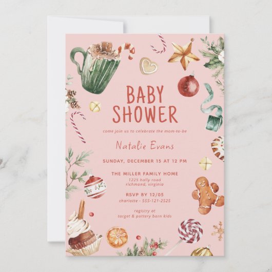 フェスティバルピンクレッド |かわいいクリスマスガール赤ちゃんシャワー 招待状 (正面)