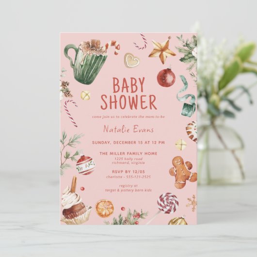 フェスティバルピンクレッド |かわいいクリスマスガール赤ちゃんシャワー 招待状 (スタンド正面)