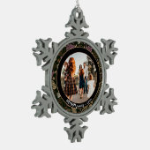 フェスティバルピンクワンラインアートクリスマスファミリーフォト スノーフレークピューターオーナメント (左)