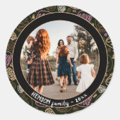 フェスティバルピンクワンラインアートクリスマスファミリーフォト ラウンドシール (正面)