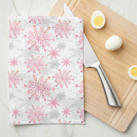 フェスティバルピンク灰色の雪片タイル模様 キッチンタオル (四つ折り)